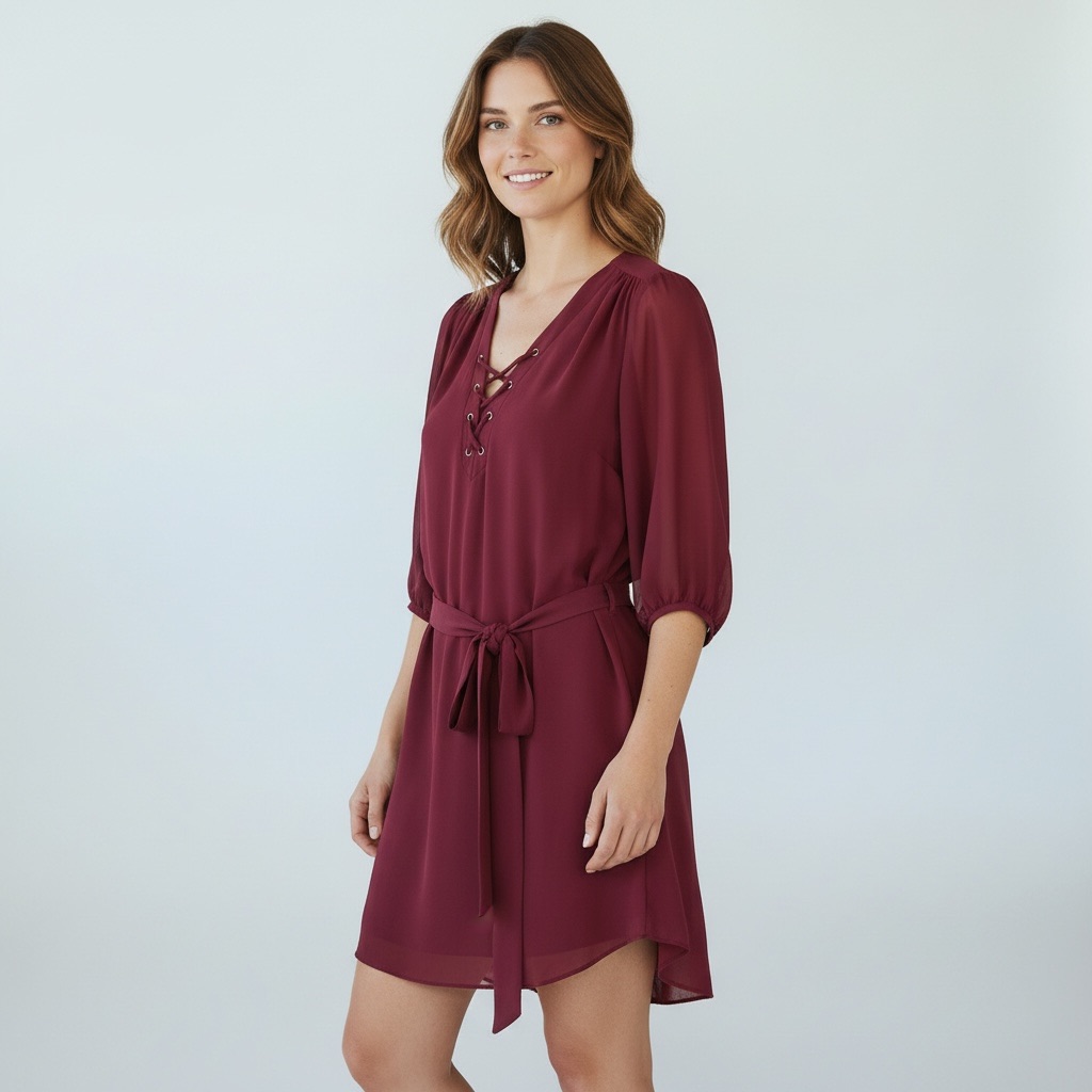 Iz Byer Womens/Red Wine Short Lined Party Dress/Sheer Long Sleeve/Size: Large